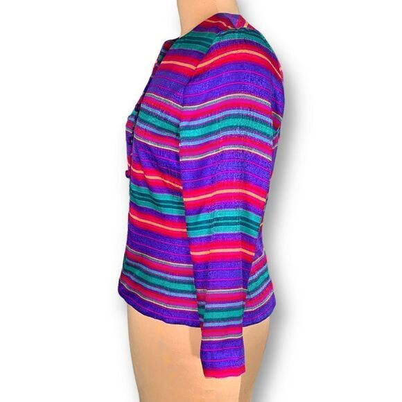 Vintage Adrianna Papell Jacket Collarless Hourglass Blazer Silk Rainbow Stripe - Picture 5 of 11